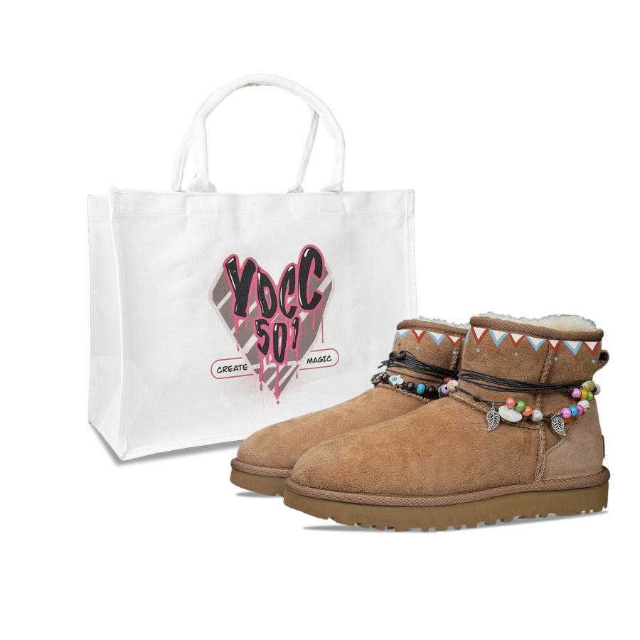 UGG CLASSIC MINI YDCC Mystic Realm Tribe, Shopping Bag Short Snow Boots Women's Chestnut