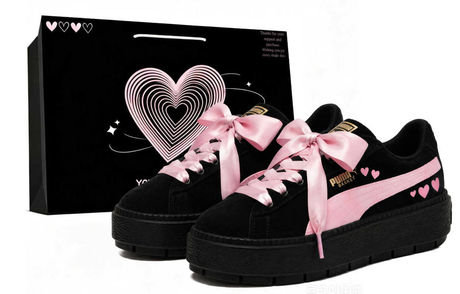 PUMA Platform Trace Black Pink Sweetheart Suede Slip Resistant Abrasion Resistant Low top Skateboard Shoes Women's