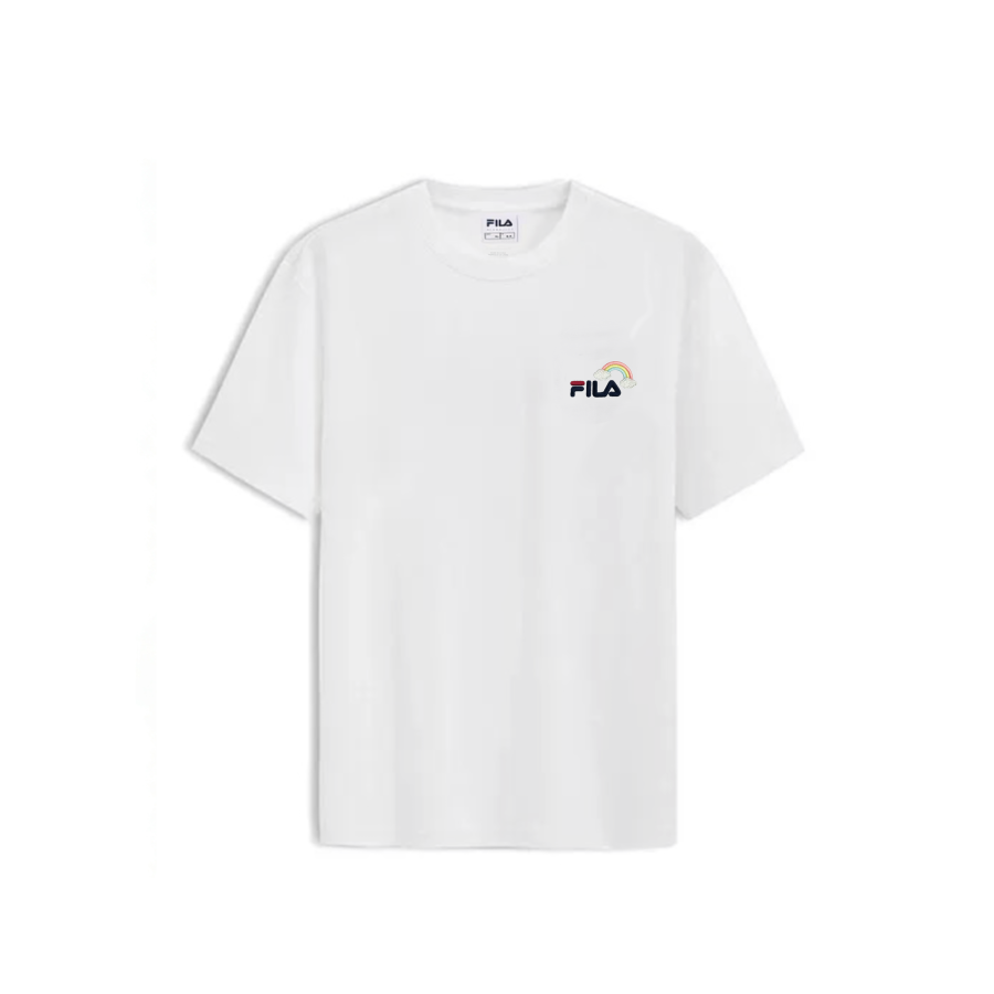 FILA T Shirts Unisex White Embroidery Rainbow Crew Neck Moderate