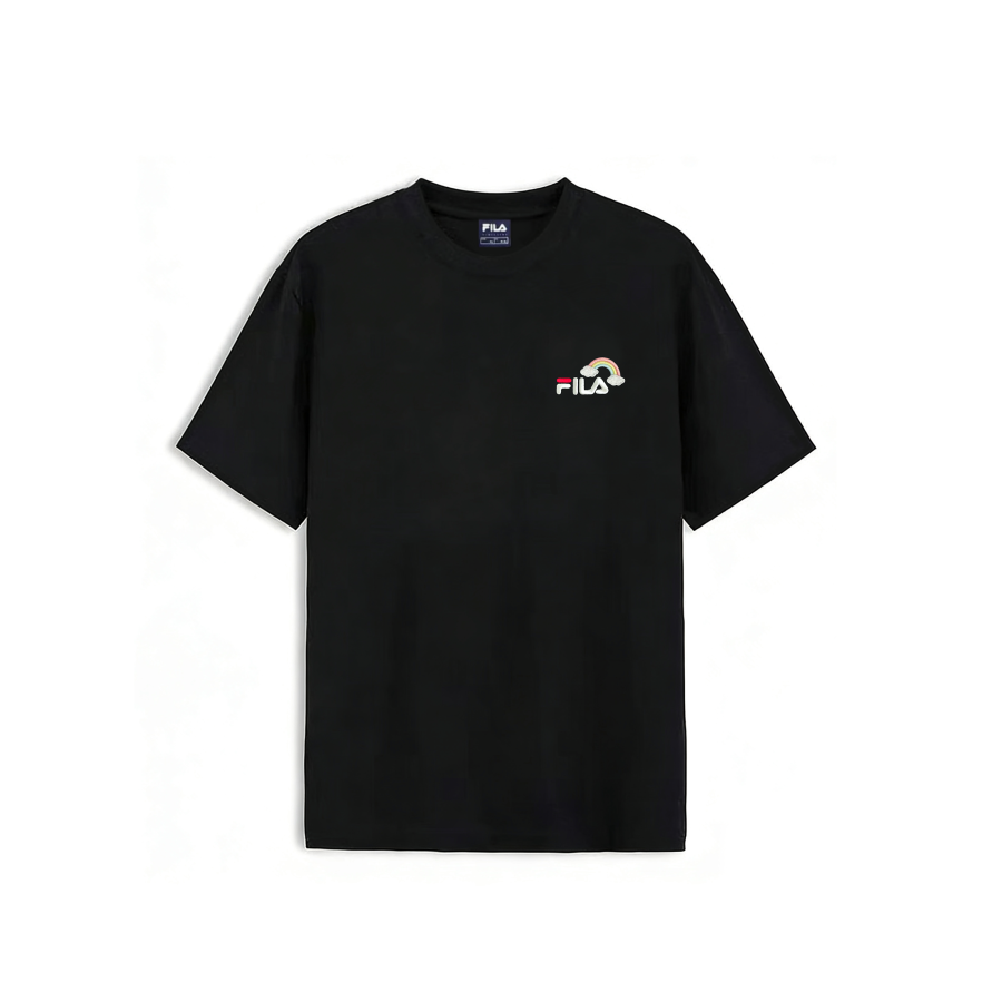 FILA T Shirts Unisex Black Embroidery Rainbow Style Crew Neck Moderate