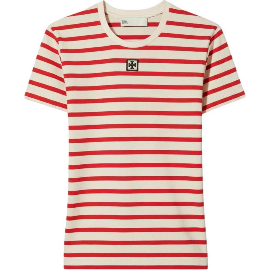 TORY BURCH T Shirts Women's Red, White Crew Neck Moderate Straight Fit