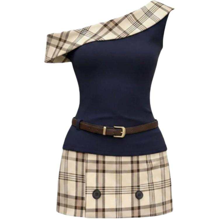Sugarfunk Two Piece Skirt Sets Women's Asymmetrical Shoulder Thin Short Skirt