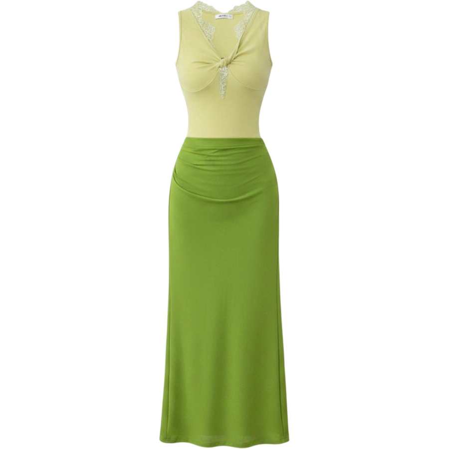 CHARM GLOW Sleeveless Dresses Women's Pine Needle Green V Neck Moderate Long Skirt Bodycon Skirt