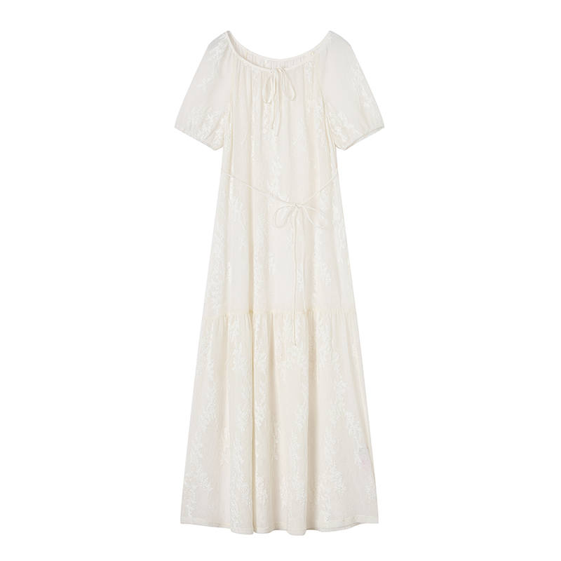 XIANGYING Short Sleeved Dresses Women's Ecru Crew Neck Moderate Midi Skirt