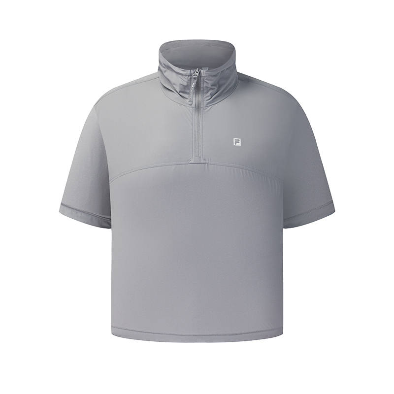 FILA Fitness T Shirts Women's Gravel Gray Stand Collar Moderate
