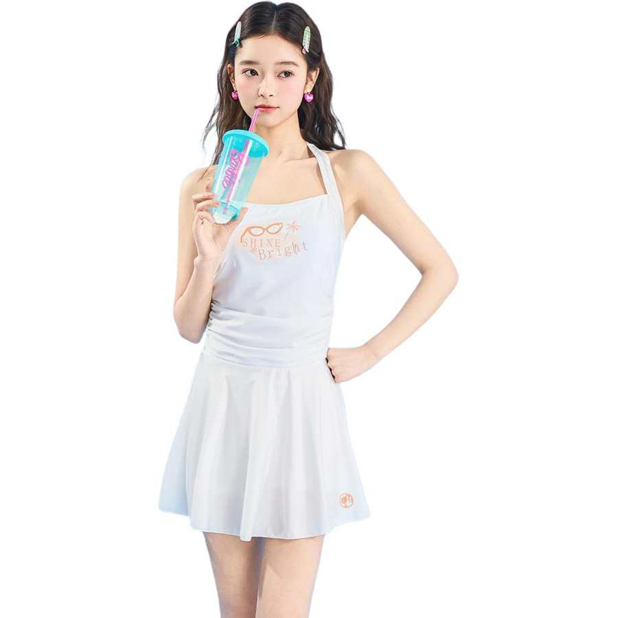 Barbie Two Piece Swimsuits Women's Milk White Halter Moderate Short Skirt Two Piece Swimsuit