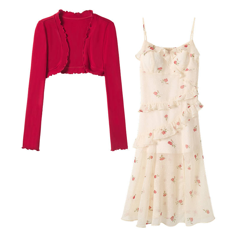 FABRIC PIG Two Piece Skirt Sets Women's Red Cardigan+Floral Camisole Dress Camisole Thin Midi Skirt