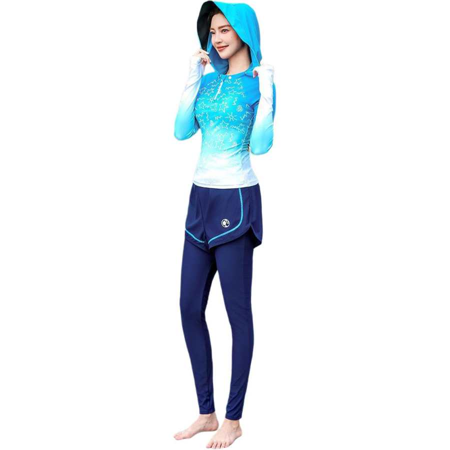 Barbie Two Piece Swimsuits Women's Blue White Gradient Hooded Detachable Moderate Short Skirt