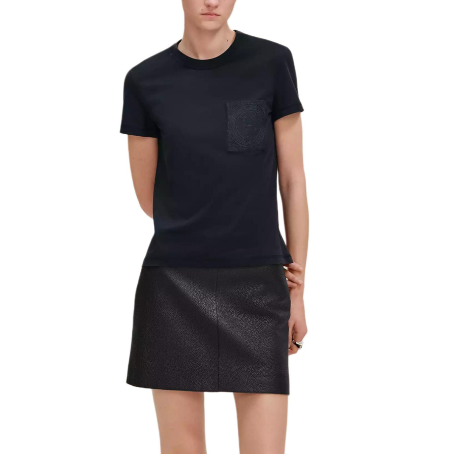 HERMES T Shirts Women's Blue Black Crew Neck Moderate Straight Fit