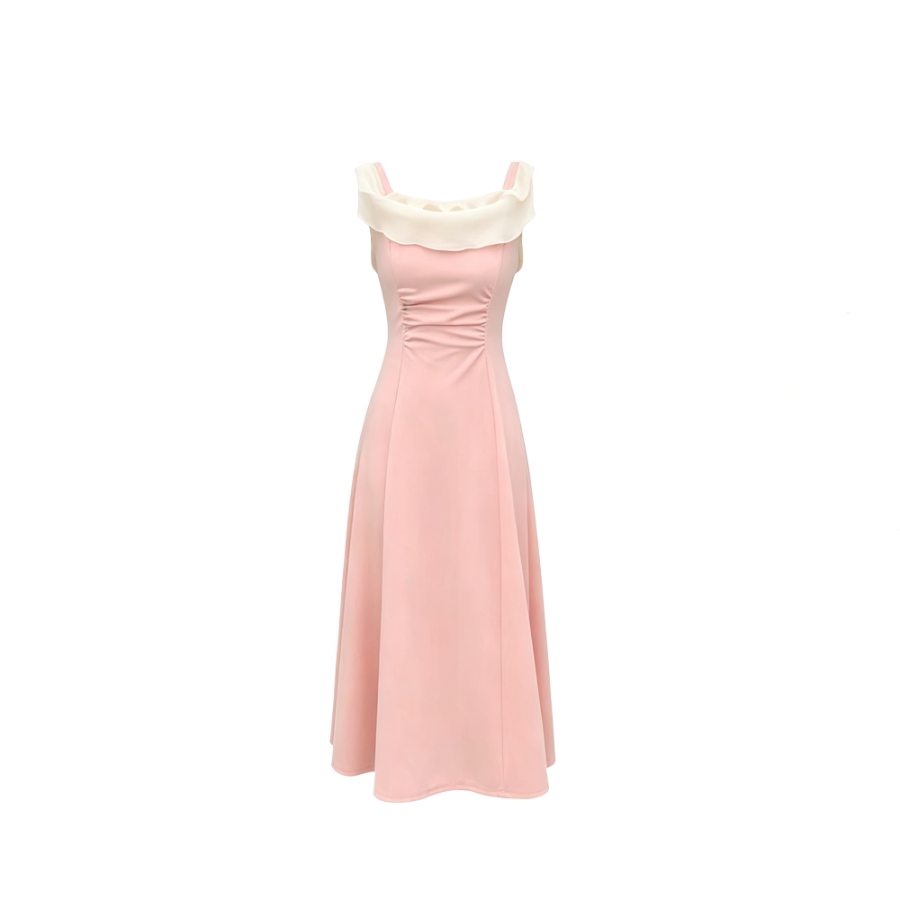 CPAURA Short Sleeved Dresses Women's Asymmetrical Collar Moderate Long Skirt A Line Skirt