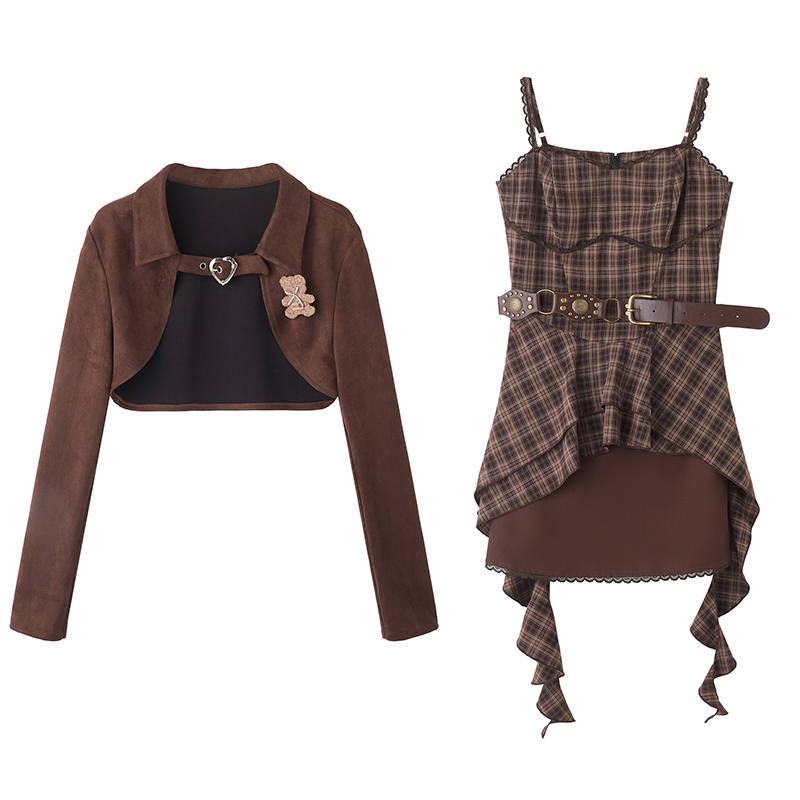 FABRIC PIG Two Piece Skirt Sets Women's Coat+Slip Dress Moderate Short Skirt