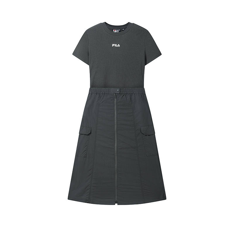 FILA ORIGINALE Short Sleeved Dresses Women's Fin Back Gray Crew Neck Moderate Midi Skirt Other
