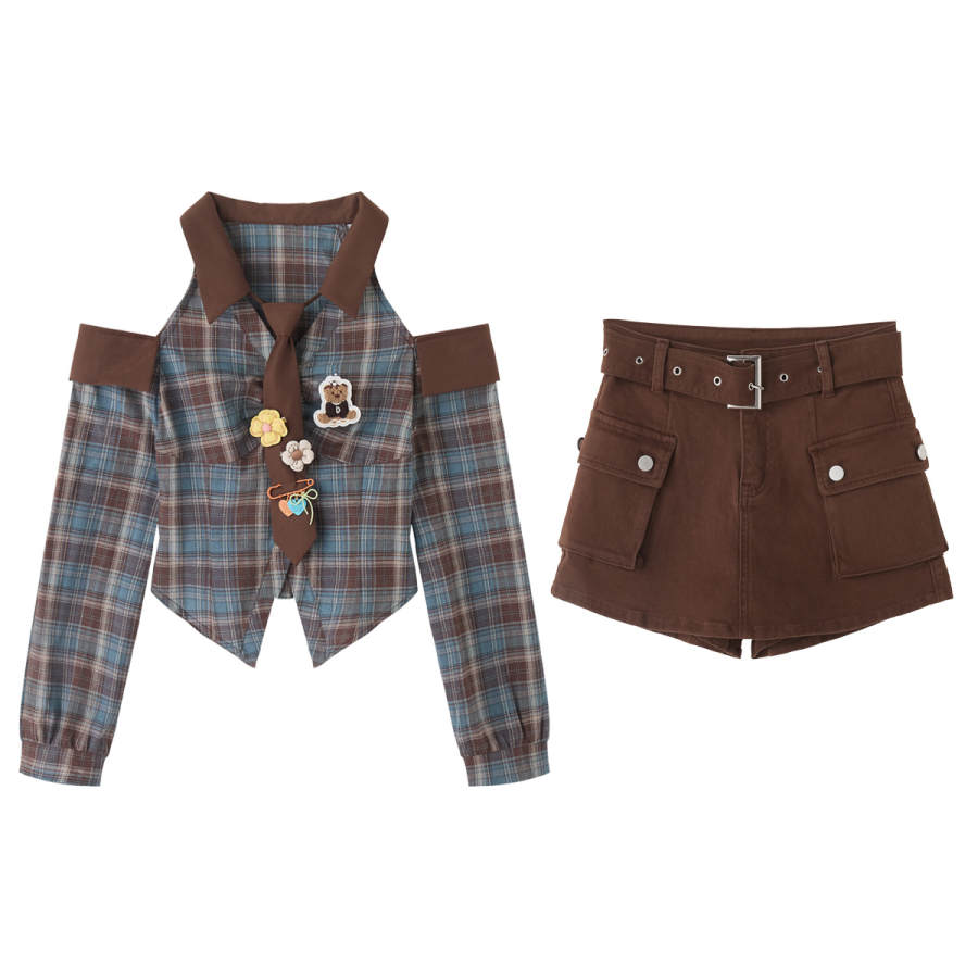 FABRIC PIG Two Piece Skirt Sets Women's Brown Blue Plaid & Brown Off The Shoulder Moderate Short Skirt