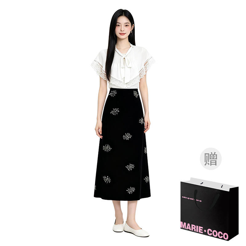 MARIE·COCO Two Piece Skirt Sets Women's V Neck Moderate Long Skirt