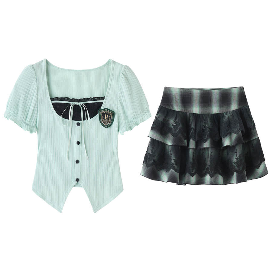 FABRIC PIG Two Piece Skirt Sets Women's U Neck Thin Short Skirt