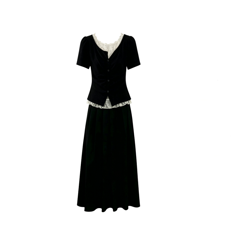 CPAURA Two Piece Skirt Sets Women's Crew Neck Moderate Long Skirt