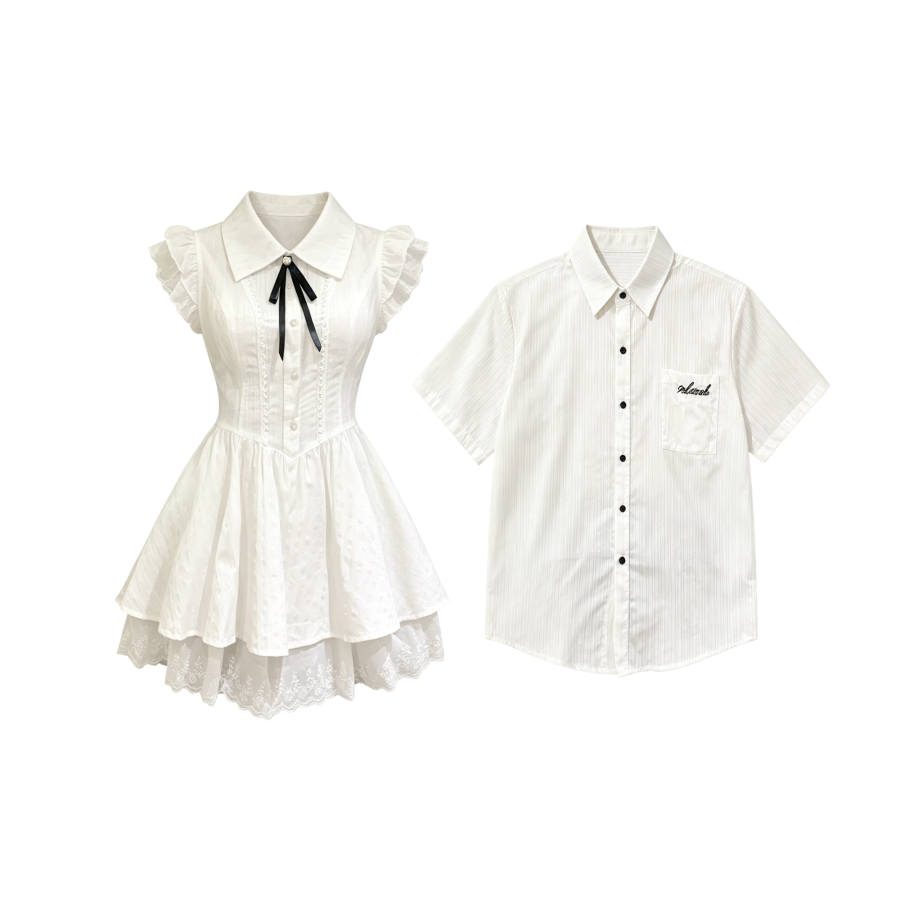 TUSHIFEI Couple Sets Women's Polo Collar Moderate Short Skirt