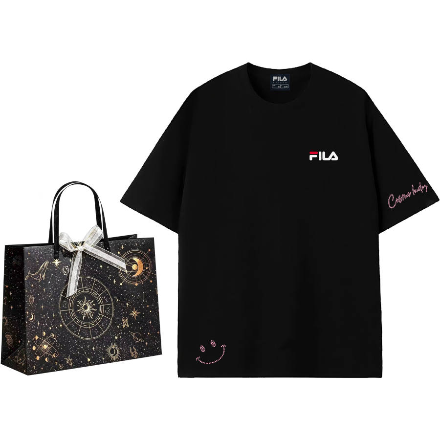FILA T Shirts Unisex Black Pink Diamond Random Shopping Bag Crew Neck Moderate