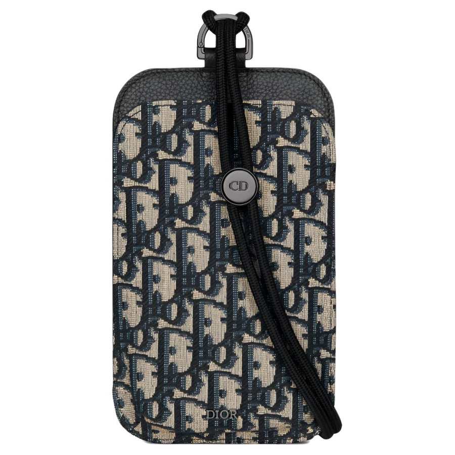DIOR Oblique Jacquard Canvas With Grainy Calfskin One Shoulder Crossbody Cell Phone Pouch Men's Beige & Black