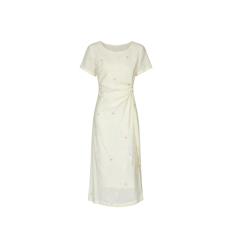 CPAURA Short Sleeved Dresses Women's Apricot Boat Neck Moderate Long Skirt A Line Skirt
