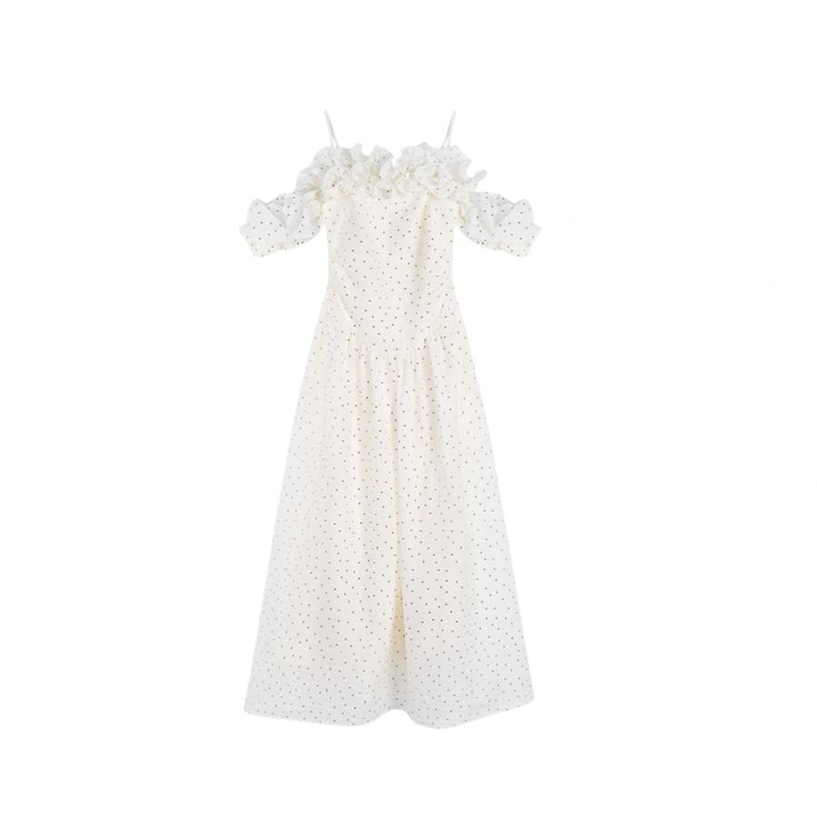 CPAURA Short Sleeved Dresses Women's Apricot Polka Dot Off The Shoulder Moderate Long Skirt Other