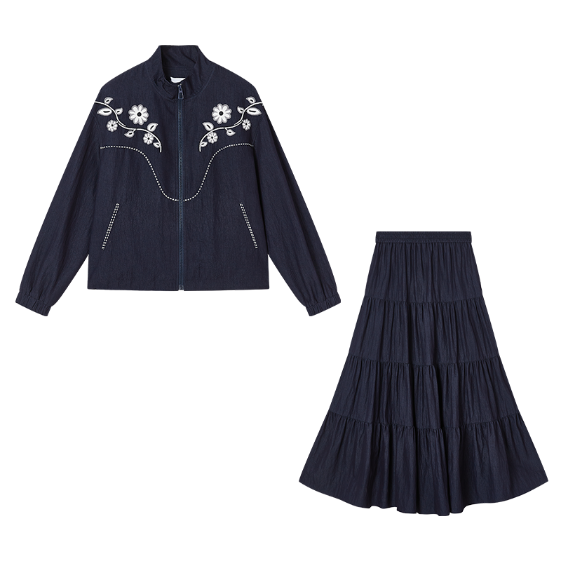 XIANGYING Two Piece Skirt Sets Women's Set Stand Collar Moderate Short