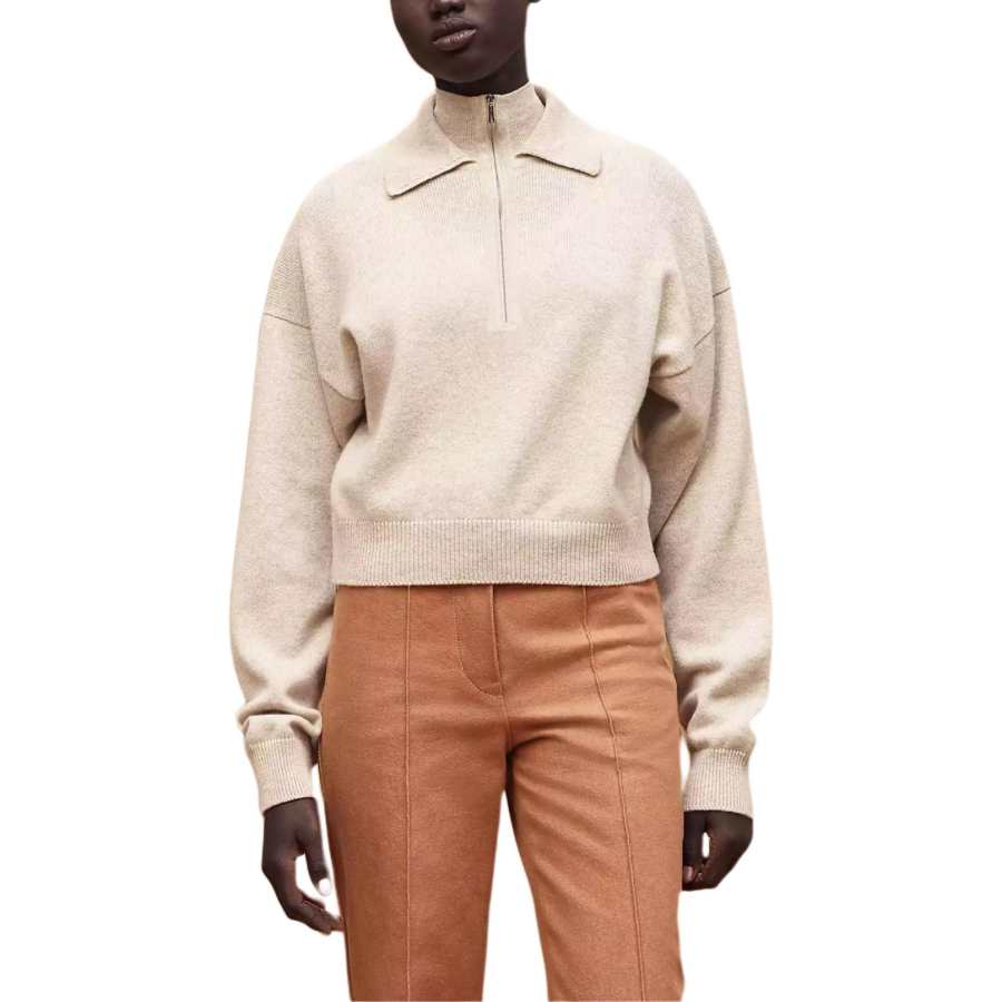 HERMES Cashmere Sweaters Women's Beige Stand Collar Moderate
