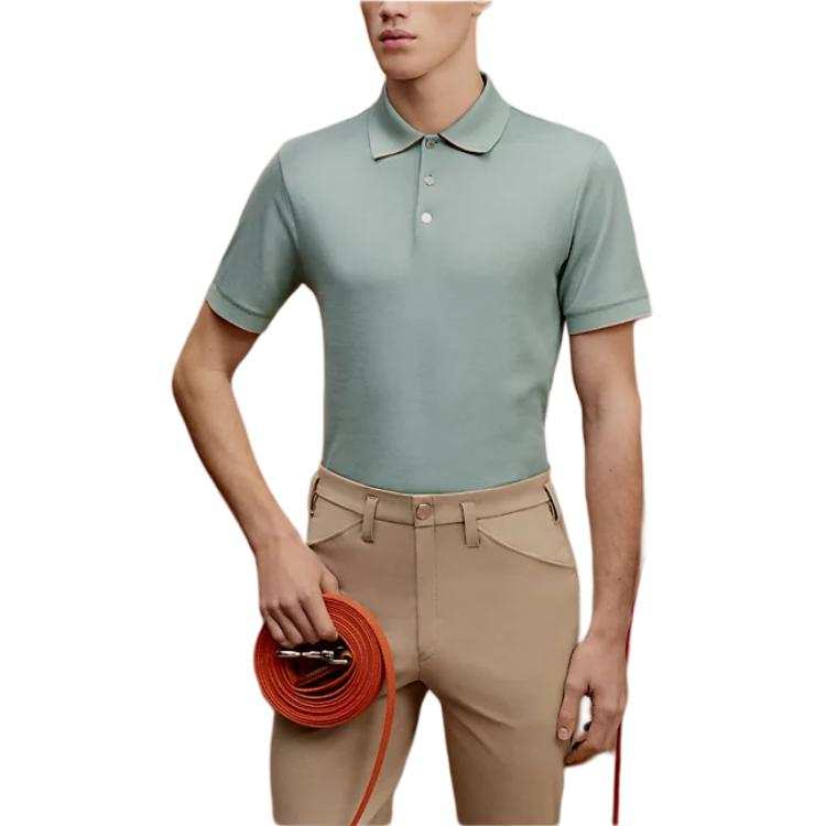 HERMES Polo Shirts Men's Sky Blue Polo Collar Moderate Straight Fit