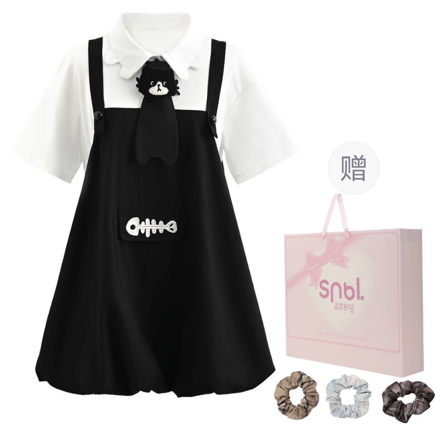 SNBL Short Sleeved Dresses Women's White & Black Polo Collar Moderate Midi Skirt