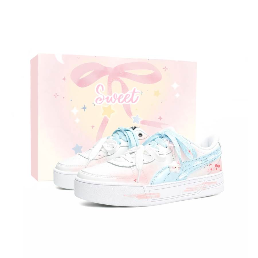 PUMA Skye WAO Leather Slip Resistant, Abrasion Resistant, Height Increasing Low top Skateboard Shoes Women's Blue Pink