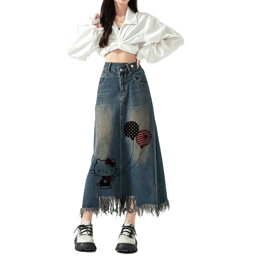 Sanrio Denim Long Skirts Women's Vintage Blue Moderate Midi Skirt A Line Skirt