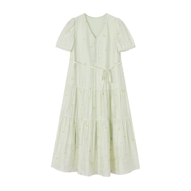 XIANGYING Short Sleeved Dresses Women's V Neck Thin Long Skirt
