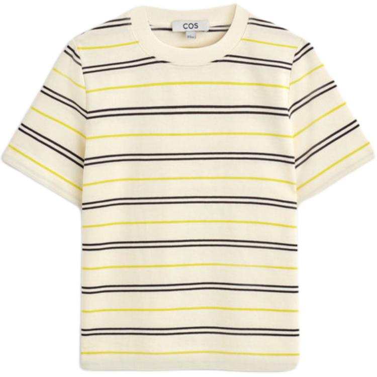 COS T Shirts Women's Ivory/Yellow/Stripes Crew Neck Moderate Straight Fit