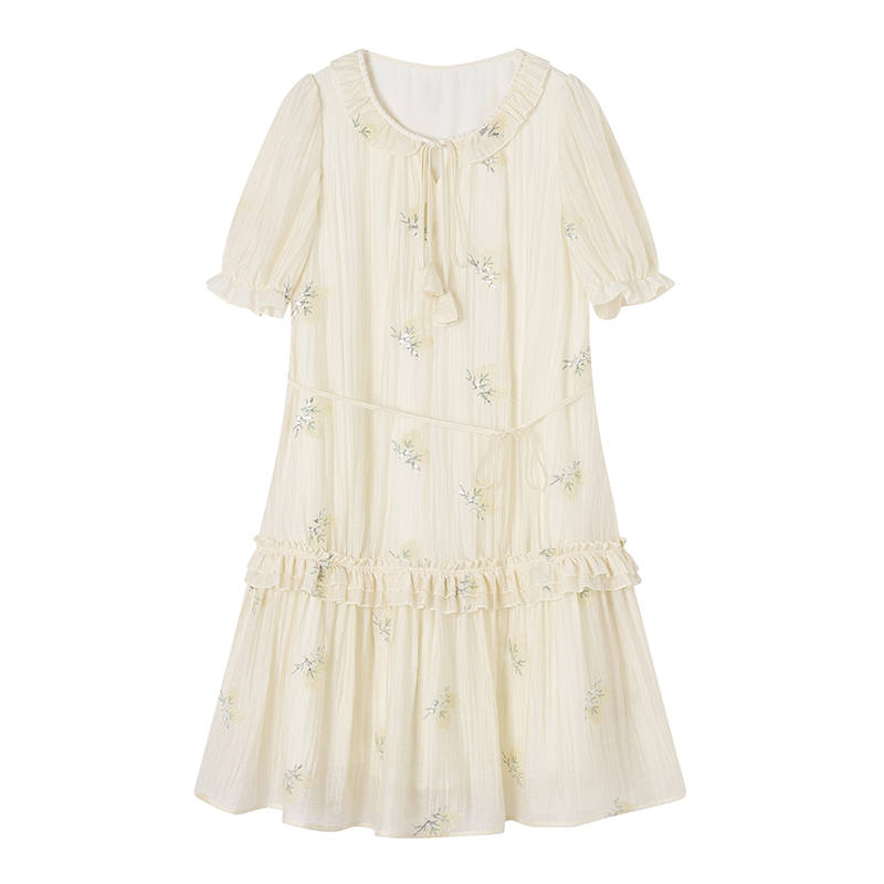 XIANGYING Short Sleeved Dresses Women's Yellow Floral Crew Neck Thin Midi Dress