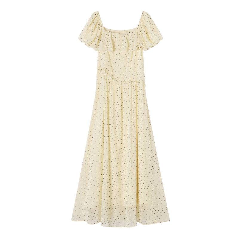 XIANGYING Short Sleeved Dresses Women's Yellow Square Collar Thin Long Skirt