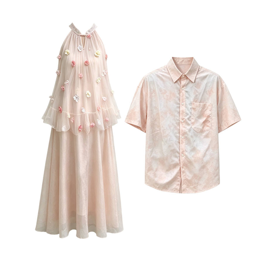 TUSHIFEI Couple Sets Women's Polo Collar Moderate Long Skirt