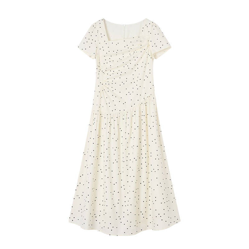XIANGYING Short Sleeved Dresses Women's Polka Dot Square Collar Thin Long Skirt