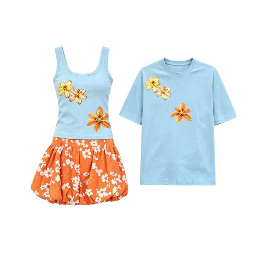 TUSHIFEI Couple Sets Women's Crew Neck Moderate Short Skirt