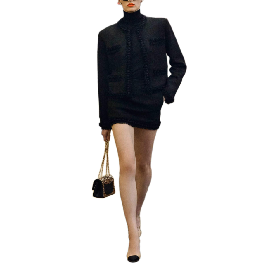 CHANEL Cropped Coats Women's Black Crew Neck Moderate