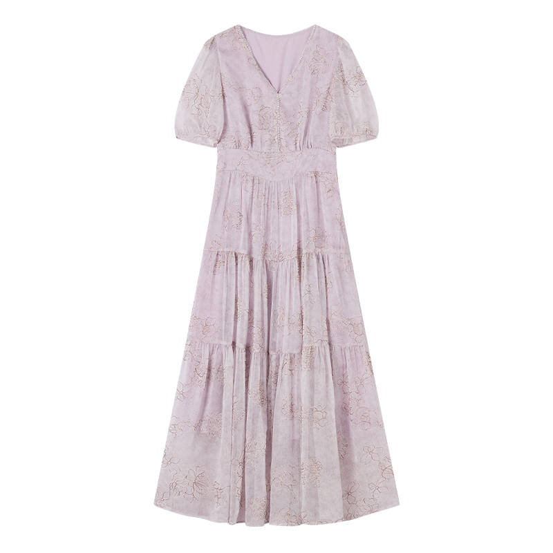 XIANGYING Short Sleeved Dresses Women's Purple V Neck Thin Long Skirt