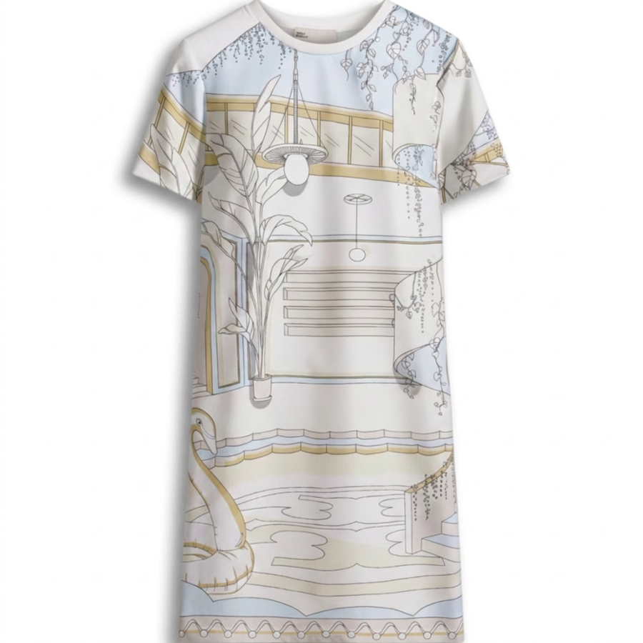 TORY BURCH Short Sleeved Dresses Women's Neutral Poolside Blue Crew Neck Moderate Short Skirt Other