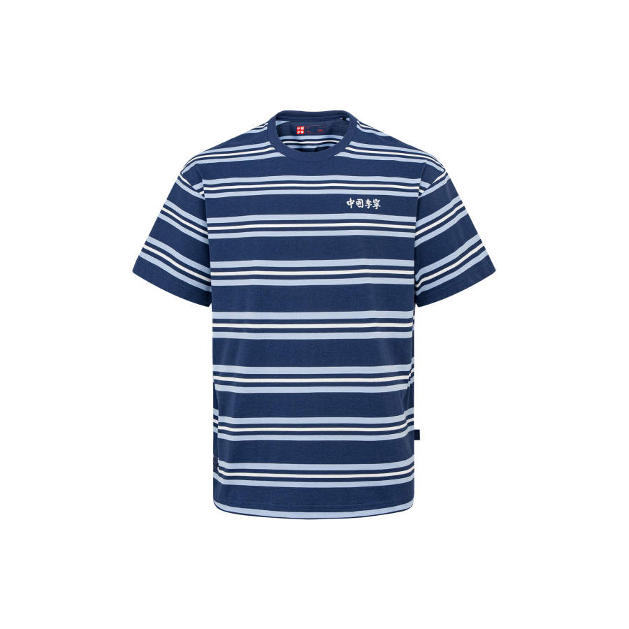Li-Ning Li Ning T Shirts Unisex Dark Blue Stripes Crew Neck