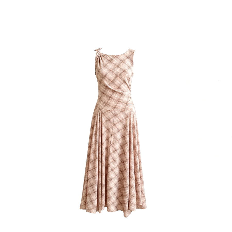 CPAURA Sleeveless Dresses Women's Khaki Plaid Boat Neck Moderate Long Skirt A Line Skirt