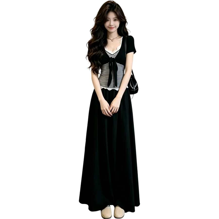 VENICEW Two Piece Skirt Sets Women's V Neck Thin Long Skirt