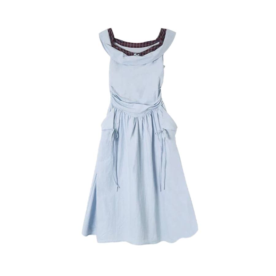 TUSHIFEI Sleeveless Dresses Women's Light Blue Square Collar Moderate Midi Skirt A Line Skirt