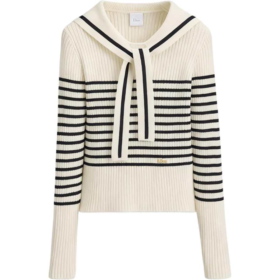 DIOR Dioriviera Knitwear Women's White Blue Scarf Collar Moderate Straight Fit