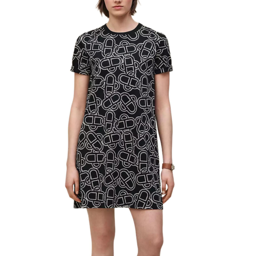 HERMES Short Sleeved Dresses Women's Black Crew Neck Moderate Short Skirt