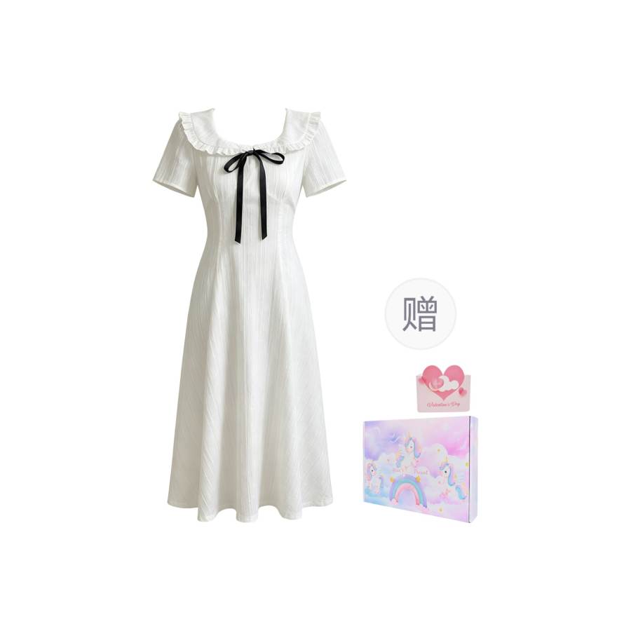 MostwantedLab Short Sleeved Dresses Women's White Gift Box+Free Love Card Square Collar Thin Long Skirt A Line Skirt