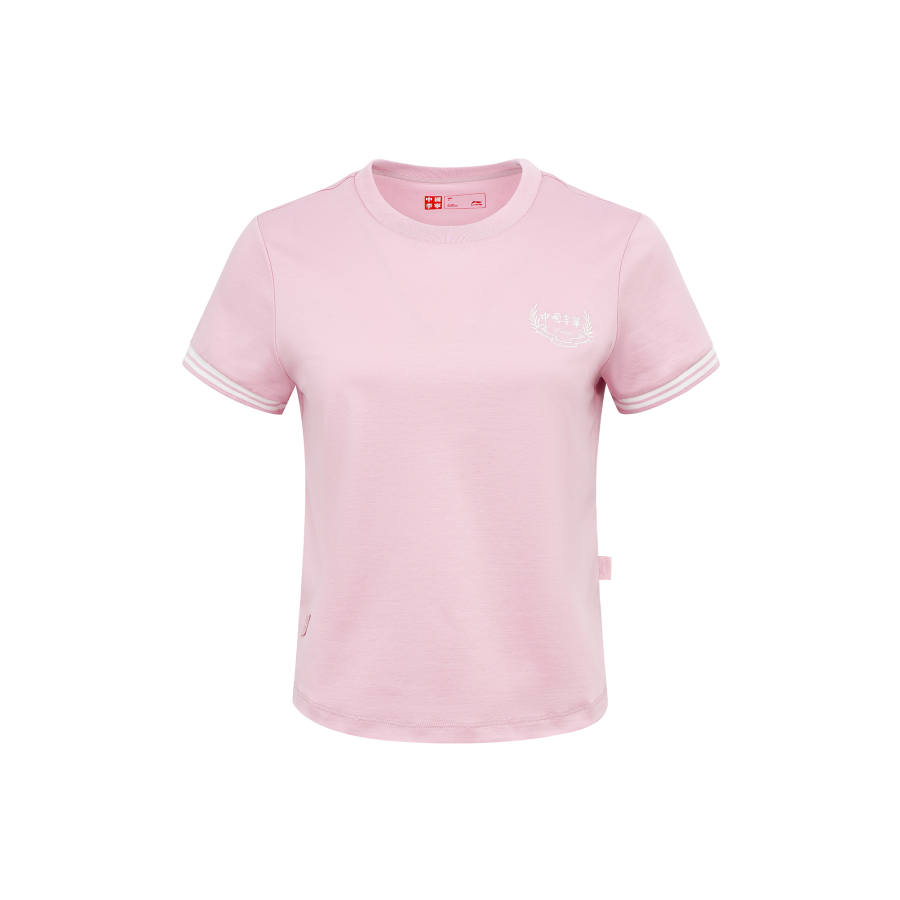 Li-Ning Li Ning T Shirts Women's Flower Branch Pink Crew Neck Moderate