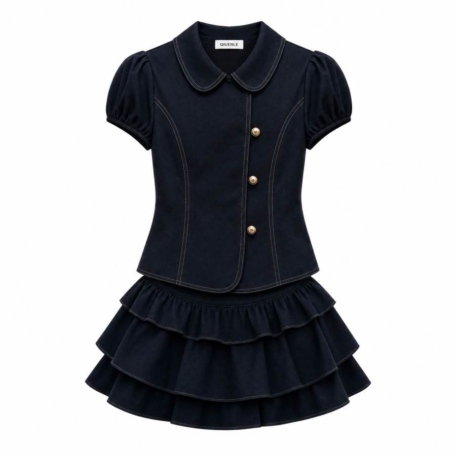 Qiuerle Two Piece Skirt Sets Women's Peter Pan Collar Moderate Short Skirt